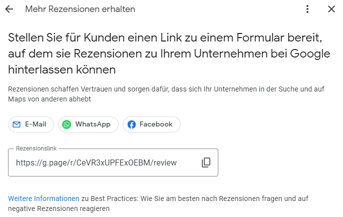 Beispiel im Empfehlungsmarketing für den Einsatz von Google Business Rezensions-Links