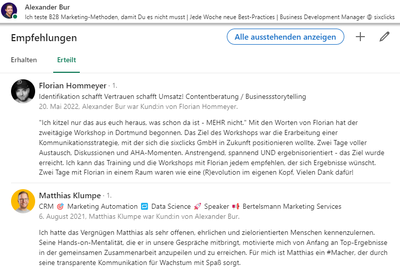 Beispiel im Empfehlungsmarketing für eine LinkedIn-Empfehlung