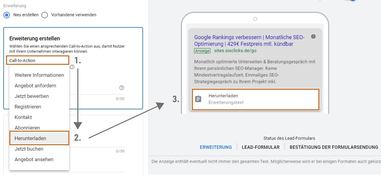 cta auswählen lead formularerweiterung google ads