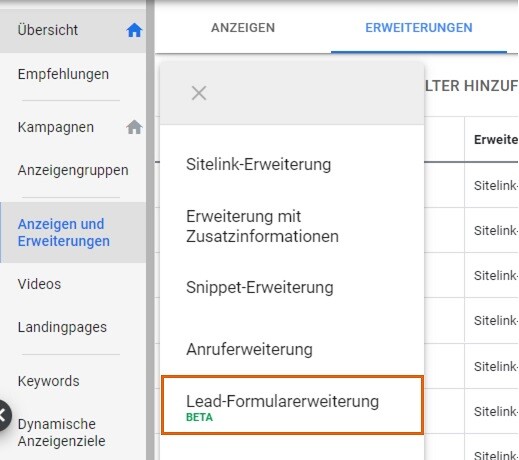 einrichtung lead formularerweiterung google ads