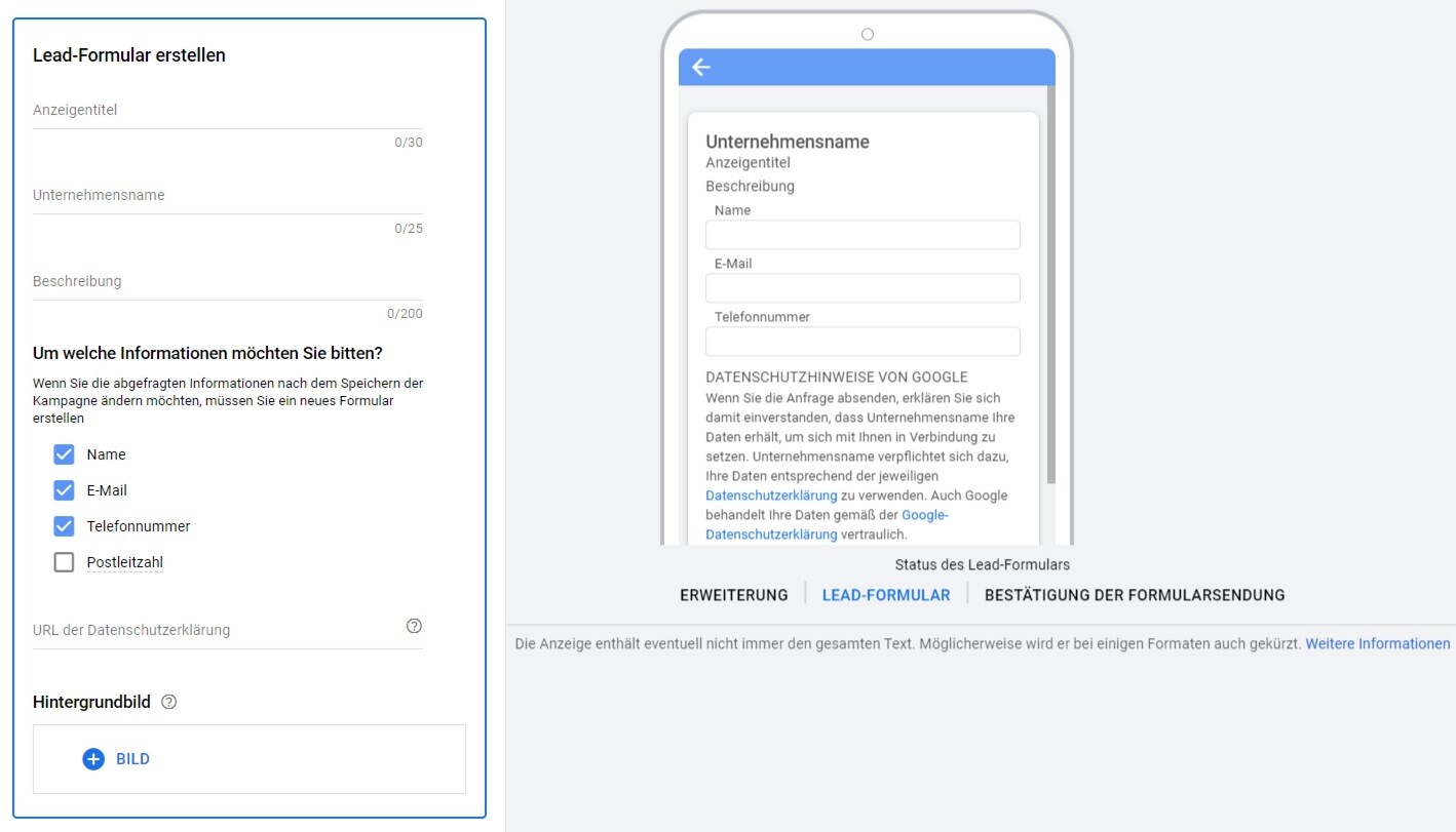 lead formular erstellen google ads