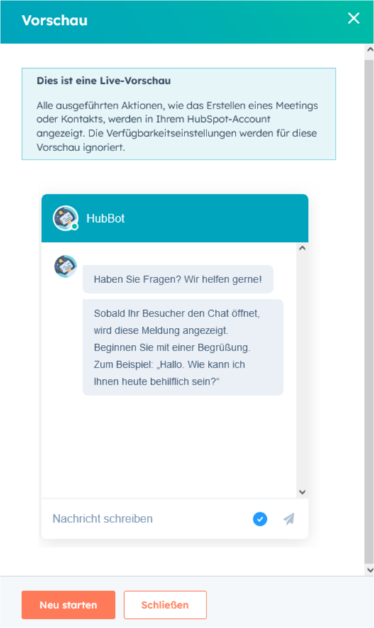Live-vorschau-hubspot-chatbot