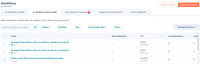 Screenshot Beispiel WOrkflow Dashboard in HubSpot